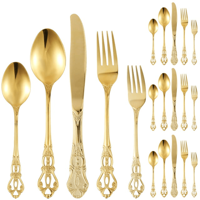 Jetcloudlive 20 Pcs Gold Silverware Set,Retro Royal Stainless Steel Flatware Utensil Sets for 4,Gold Luxury Cutlery Set Includes Forks Spoons Knives,Mirror Polished,Dishwasher Safe