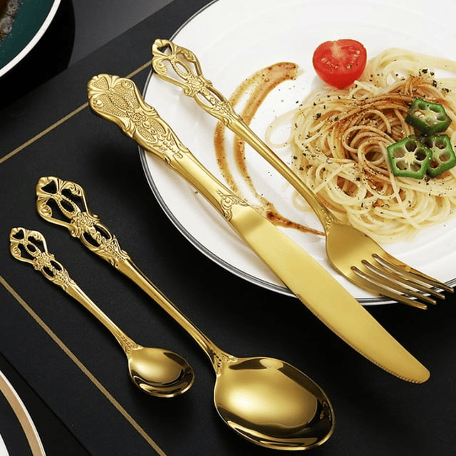 Jetcloudlive 20 Pcs Gold Silverware Set,Retro Royal Stainless Steel Flatware Utensil Sets for 4,Gold Luxury Cutlery Set Includes Forks Spoons Knives,Mirror Polished,Dishwasher Safe