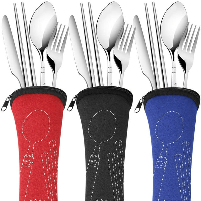 Arroyner 3 Pack Portable Travel Flatware Set, Reusable Silverware Knife Fork Spoon Chopsticks Utensils, Stainless Steel Camping Cutlery for School Outdoor Picnic