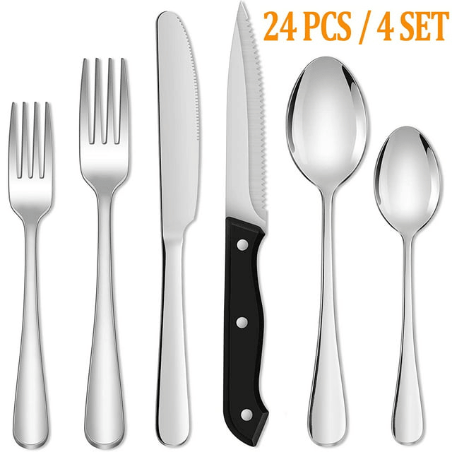 24 Piece Silverware Set with Steak Knives, Stainless Steel Flatware Set, Cutlery Set Service for 4, Mirror Polished Utensils Set, Forks and Spoons Silverware Set, Dishwasher Safe