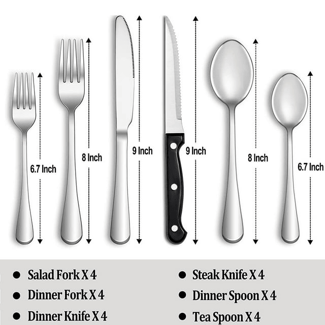 24 Piece Silverware Set with Steak Knives, Stainless Steel Flatware Set, Cutlery Set Service for 4, Mirror Polished Utensils Set, Forks and Spoons Silverware Set, Dishwasher Safe