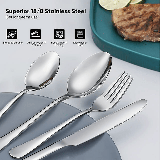 24 Piece Silverware Set with Steak Knives, Stainless Steel Flatware Set, Cutlery Set Service for 4, Mirror Polished Utensils Set, Forks and Spoons Silverware Set, Dishwasher Safe