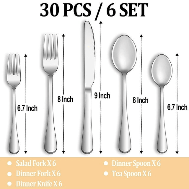 30 Pieces Silverware Set with Serving Set, Stainless Steel Modern Flatware, Service for 6