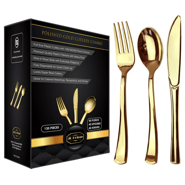 JL Prime 120 Piece Gold Plastic Silverware Set, Re-Usable Recyclable Plastic Cutlery, Gold Plastic Utensil, 40 Forks, 40 Spoons, 40 Knives, Great for Wedding, Anniversary, Rehearsal, Shower Events