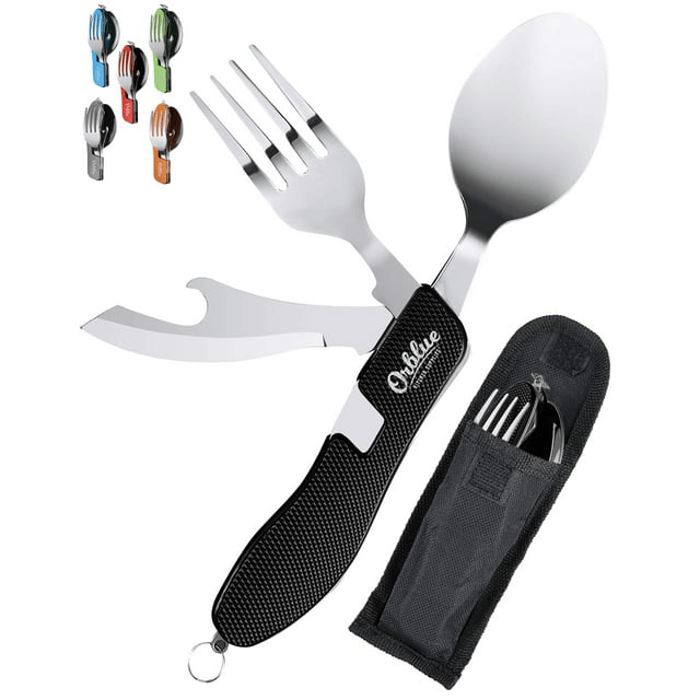 Orblue 4-in-1 Camping Utensils, 2-Pack, Portable Stainless Steel Spoon, Fork, Knife & Bottle Opener Combo Set - Travel, Backpacking Cutlery Multitool, Black