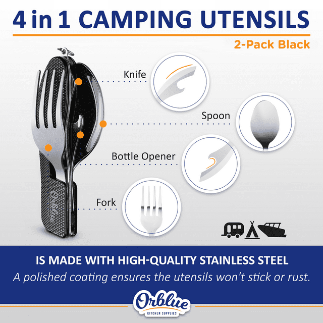 Orblue 4-in-1 Camping Utensils, 2-Pack, Portable Stainless Steel Spoon, Fork, Knife & Bottle Opener Combo Set - Travel, Backpacking Cutlery Multitool, Black