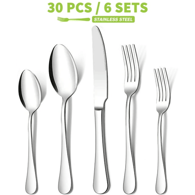 30 Pieces Silverware Set, Stainless Steel Flatware Cutlery Set for 6, Fancy Tableware Eating Utensils for Home Kitchen Restaurant Hotel, Mirror Polish, Dishwasher Safe by Kosbon