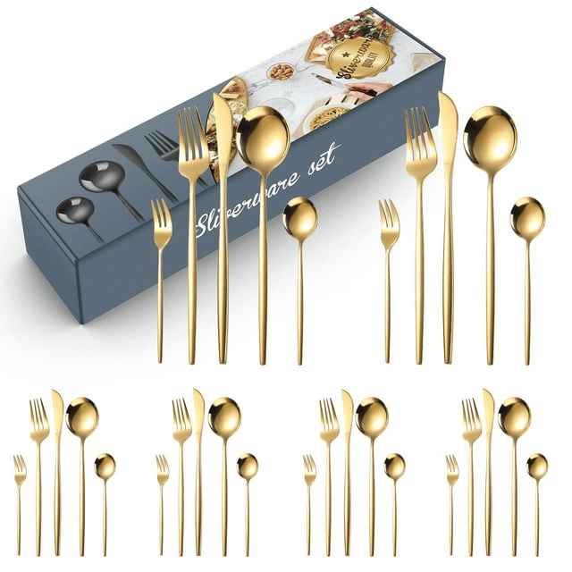 Silverware Sets, 30 Pieces Stainless Steel Flatware Set, Utensils Set Service for 6, Tableware Cutlery Set for Home and Restaurant, Knives Forks Spoons, Mirror Polished, Dishwasher Safe, Gold