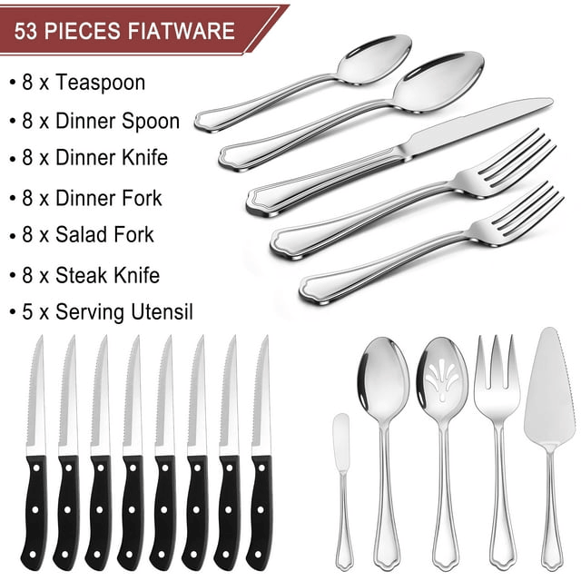 Walchoice 53-Piece Silverware Set with Serving Utensils, Elegant Metal Tableware Plus Steak Knives, Stainless Steel Flatware Cutlery Set Service for 8 - Scalloped Edge