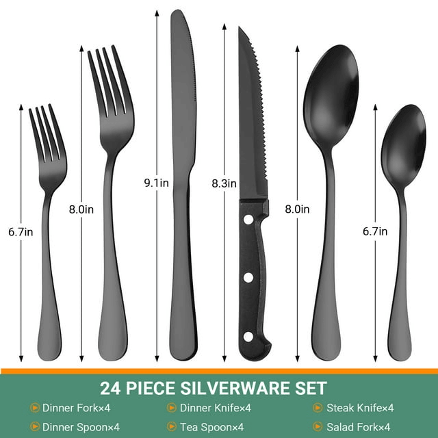 24 Piece Flatware Set for 4, TINANA Stainless Steel Flatware Set, Mirror Polished Cutlery Utensil Set, Durable Home Kitchen Eating Tableware Set, Fork Knife Spoon Set,Dishwasher Safe-Black