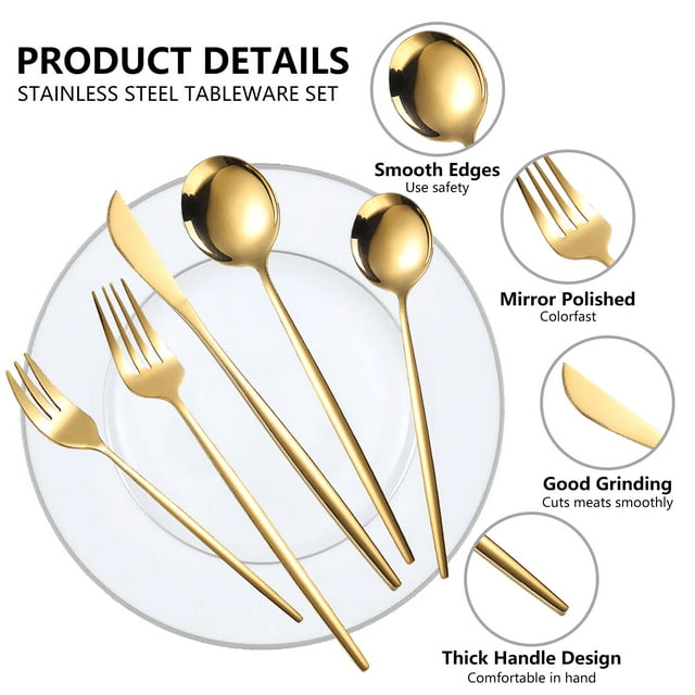 Silverware Set, 30 Piece Flatware Cutlery Set , Stainless Steel Silverware Mirror Polished Dishwasher Safe for Home, Restaurant, Wedding, Party(Golden, 30 pieces for 6)