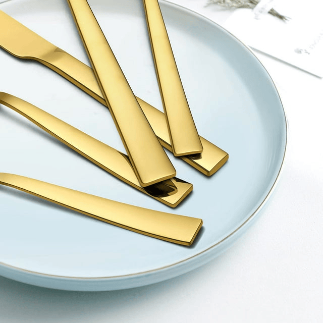 20-Piece Gold Silverware Set, Vesteel Stainless Steel Flatware Set Service for 4, Cutlery Eating Utensil Set Includes Dinner Forks/Spoons/Knives, Square Edge & Mirror Polished, Dishwasher Safe