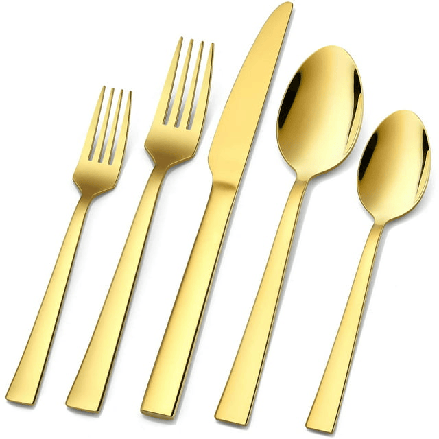 20-Piece Gold Silverware Set, Vesteel Stainless Steel Flatware Set Service for 4, Cutlery Eating Utensil Set Includes Dinner Forks/Spoons/Knives, Square Edge & Mirror Polished, Dishwasher Safe