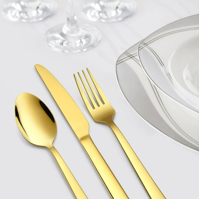 20-Piece Gold Silverware Set, Vesteel Stainless Steel Flatware Set Service for 4, Cutlery Eating Utensil Set Includes Dinner Forks/Spoons/Knives, Square Edge & Mirror Polished, Dishwasher Safe