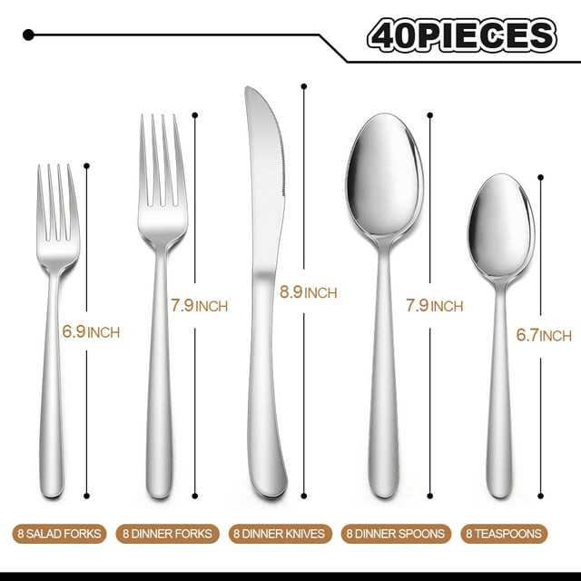 Walchoice 40 Piece Heavy Duty Stainless Steel Silverware Set, Elegant Flatware Cutlery Set for 8, Metal Eating Tableware Includes Forks/Spoons/Knives