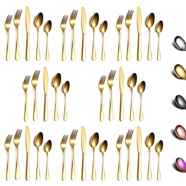 ReaNea 40 Pieces Gold Silverware Set Stainless Steel Titanium Gold Plating Flatware Set, Spoons and Forks Cutlery Set Service for 8