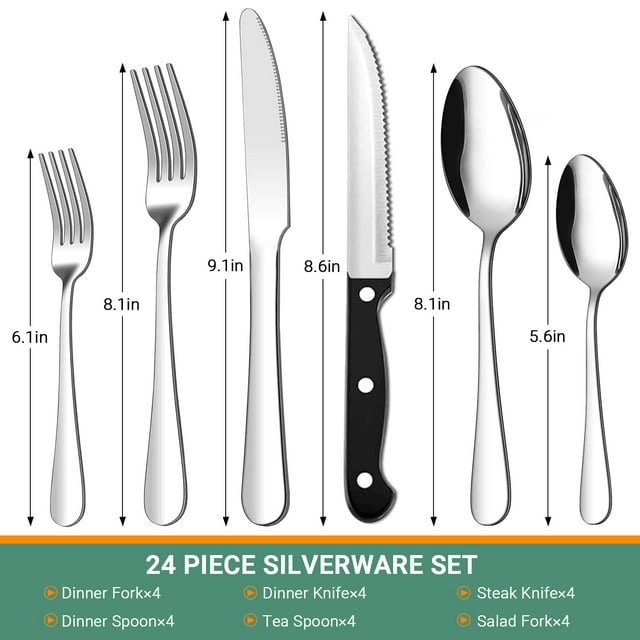 24 Piece Flatware Set for 4, TINANA Stainless Steel Flatware Set, Mirror Polished Cutlery Utensil Set, Durable Home Kitchen Eating Tableware Set, Fork Knife Spoon Set,Dishwasher Safe-Silver