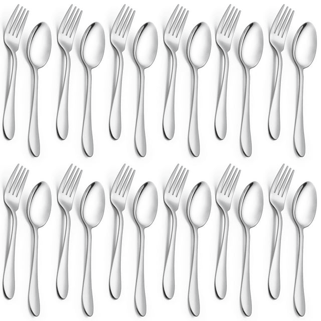 Walchoice 24-Piece Fork and Spoon Set, Stainless Steel Silverware Set for Home & Restaurant, Metal Flatware Cutlery Set, Mirror Polished