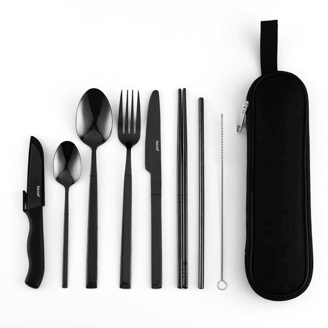 Hecef Portable Travel Cutlery Set, 9 Pcs Black Titanium Plating Reusable Stainless Steel Camping Utensils