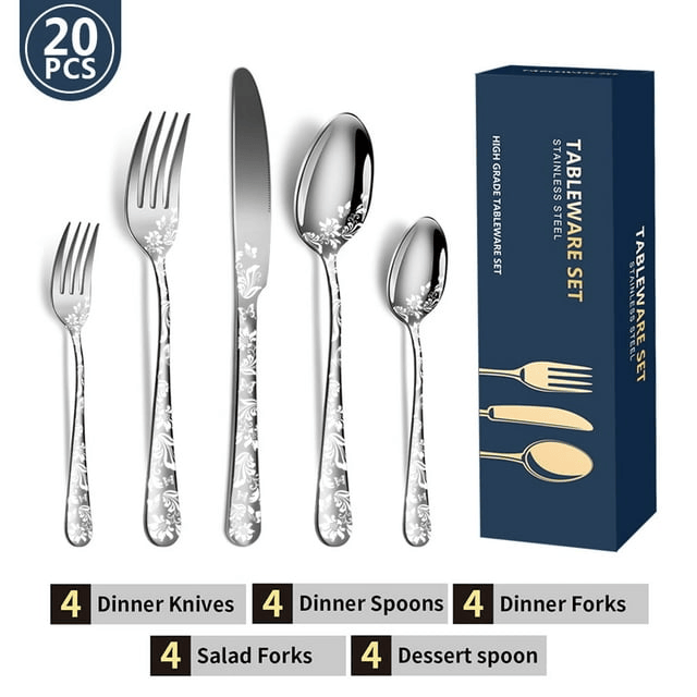 20PCS Silverware Set, Stainless Steel Flatware Set 4 Knives 4 Forks 4 Spoons 4 Tea Forks 4 Teaspoons with Beautiful Flower Pattern for Kitchen Restaurant Party Sliver