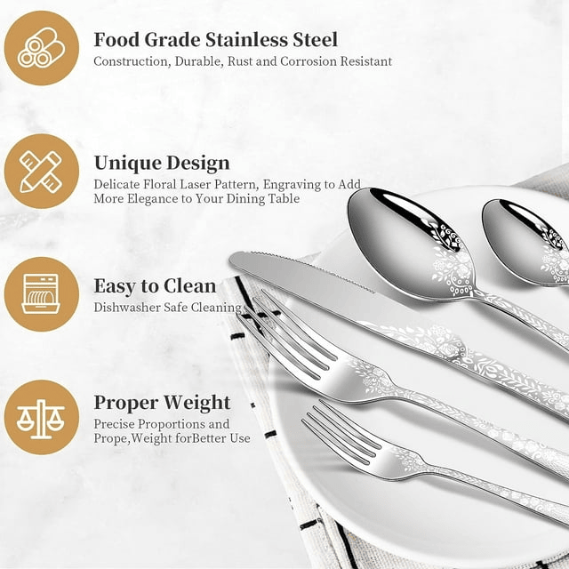 20PCS Silverware Set, Stainless Steel Flatware Set 4 Knives 4 Forks 4 Spoons 4 Tea Forks 4 Teaspoons with Beautiful Flower Pattern for Kitchen Restaurant Party Sliver