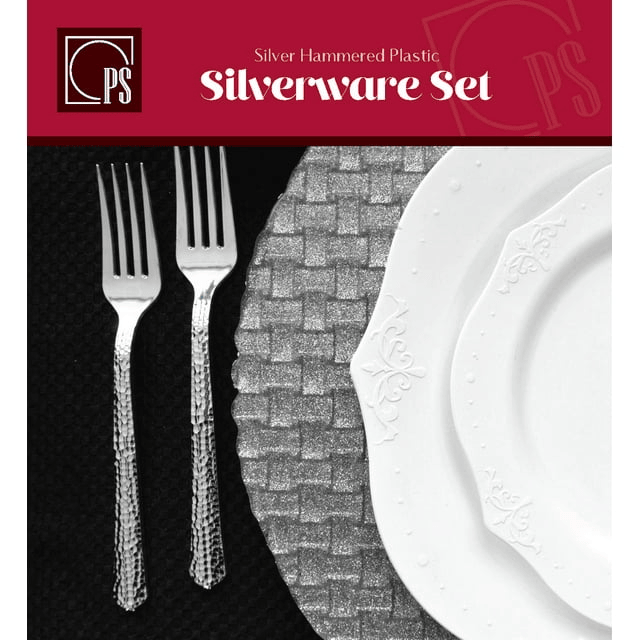 Posh Setting Hammered Effect Design Silver Plastic Cutlery 180 count set (Includes Forks, Knives, Soup Spoons and Tea Spoons - Posh Setting