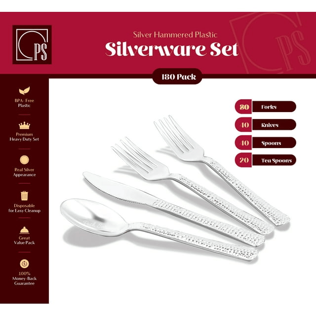 Posh Setting Hammered Effect Design Silver Plastic Cutlery 180 count set (Includes Forks, Knives, Soup Spoons and Tea Spoons - Posh Setting