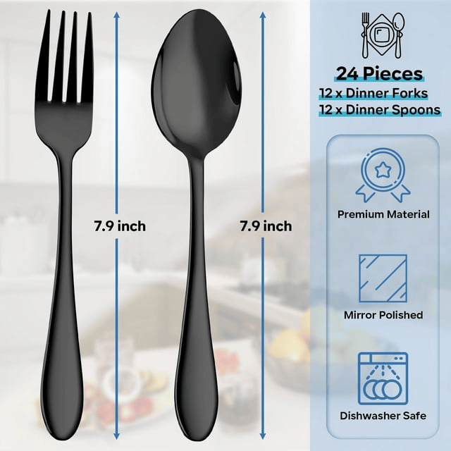 Walchoice 24-Piece Black Fork and Spoon Set, Stainless Steel Silverware Set for Home & Restaurant, Metal Flatware Cutlery Set, Mirror Polished