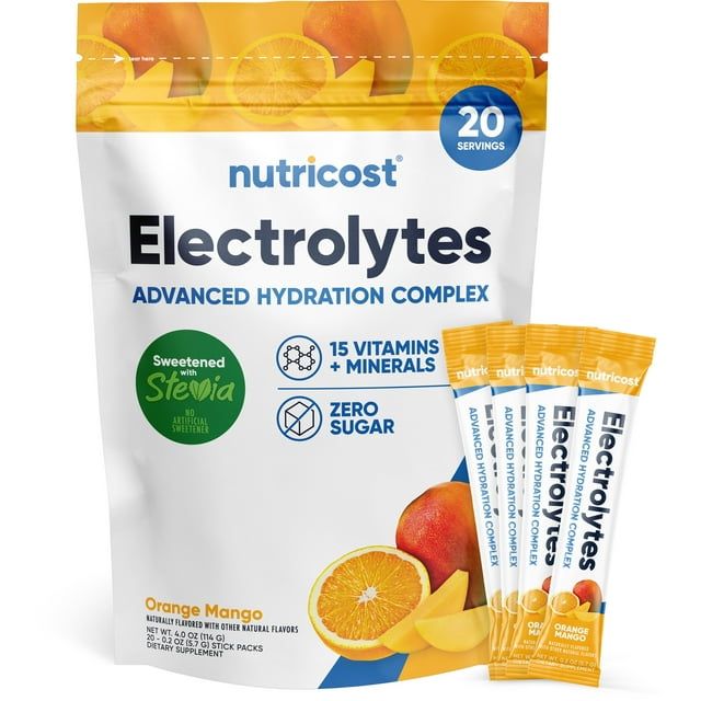 Nutricost Electrolytes Powder Hydration Packets (Orange Mango, 20 Servings) Low Calorie Keto Electrolytes Sweetened with Stevia - Non-GMO, Gluten Free and Sugar Free