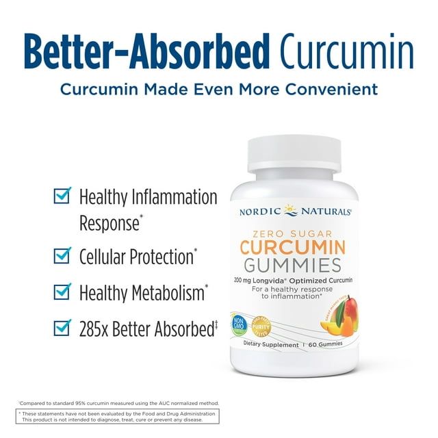 Nordic Naturals Zero Sugar Curcumin Gummies, 200 Mg, Non-GMO, 60 Count