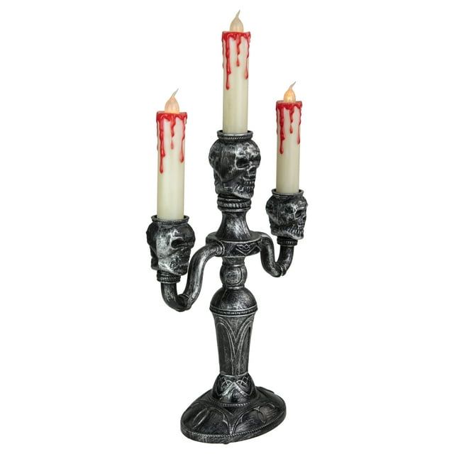 13.75" Antique Silver Skull Trio Halloween Candelabra