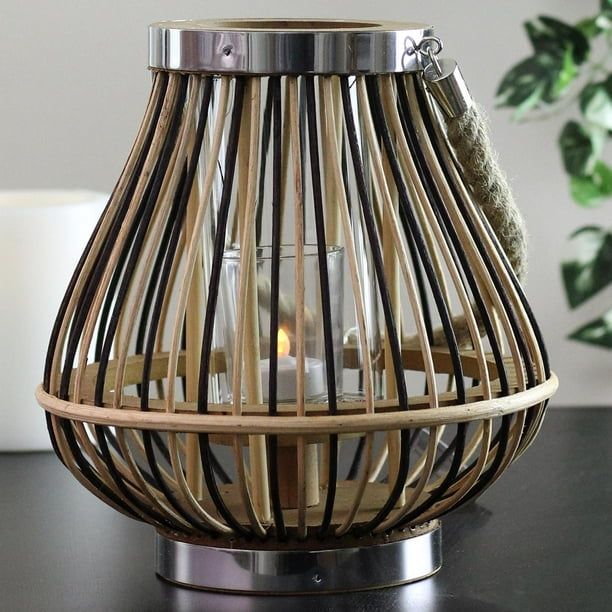 9.25" Rustic Chic Pear Shaped Rattan Candle Holder Lantern with Jute Handle