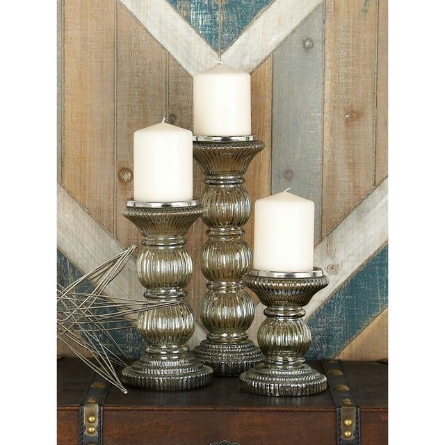 The Novogratz 3 Candle Gray Glass Handmade Turned Style Pillar Candle Holder, Set of 3