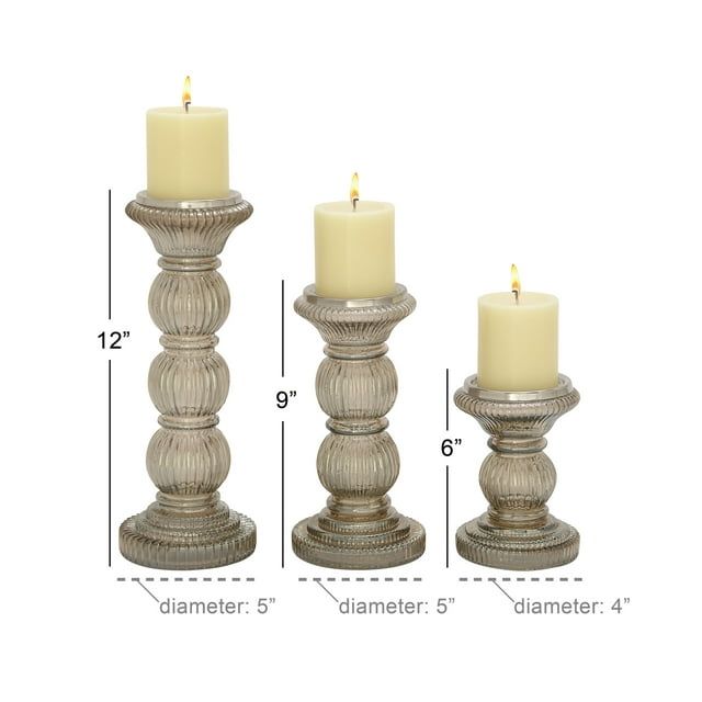 The Novogratz 3 Candle Gray Glass Handmade Turned Style Pillar Candle Holder, Set of 3