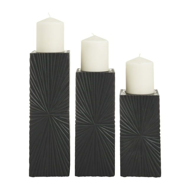 CosmoLiving by Cosmopolitan 3 Candle Black Wood Geometric Carved Pillar Candle Holder, Set of 3