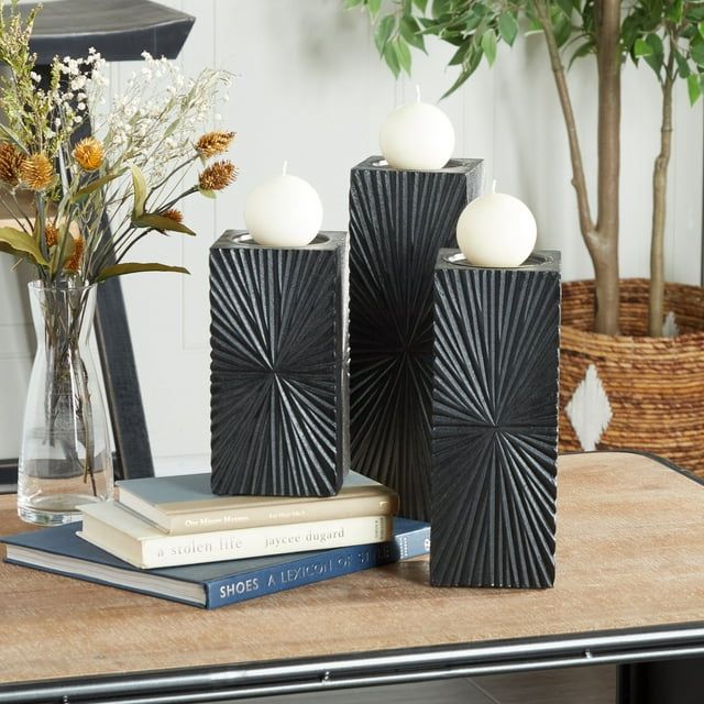 CosmoLiving by Cosmopolitan 3 Candle Black Wood Geometric Carved Pillar Candle Holder, Set of 3