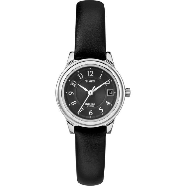 Timex Women's Porter Street 26mm Watch ¨C Silver-Tone Case Black Dial with Black Leather Strap