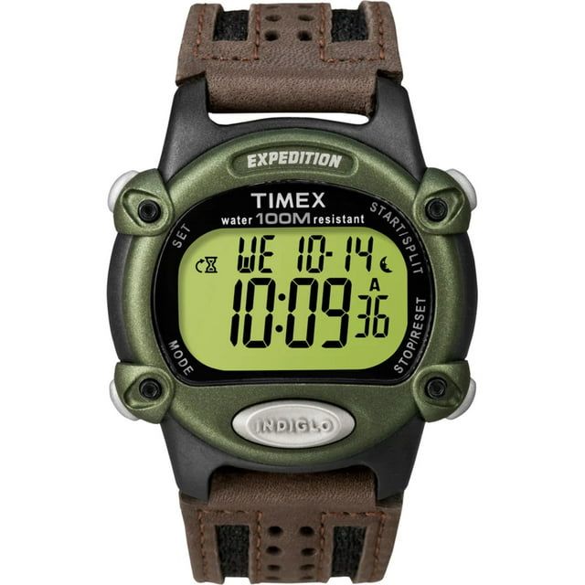 Timex Men's Expedition Digital CAT 39mm Watch ¨C Green Case with Black & Brown Fabric & Leather Strap