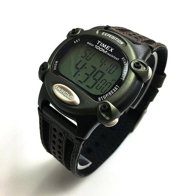 Timex Men's Expedition Digital CAT 39mm Watch ¨C Green Case with Black & Brown Fabric & Leather Strap