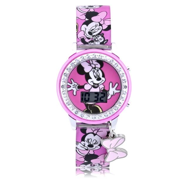 Disney Minnie Light-up Dial LCD Watch Silicone Strap with Hanging Bow Charm (MN4404WM)