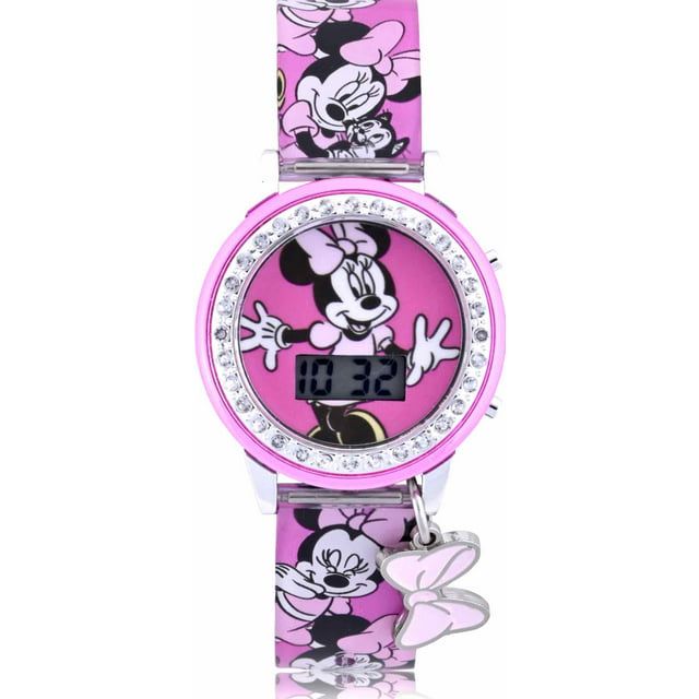 Disney Minnie Light-up Dial LCD Watch Silicone Strap with Hanging Bow Charm (MN4404WM)