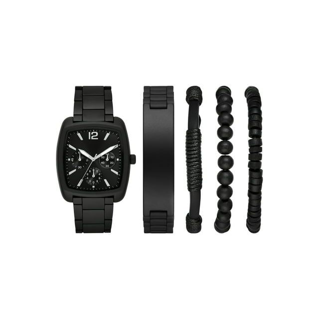 Folio Men's Gift Set; Matte Black Barrel Case Bracelet Watch, Gunmetal Sunray Dial with Layered Bracelets (FMDAL1185)