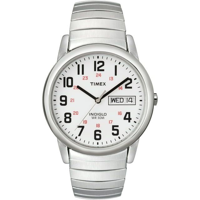 Timex Men's Easy Reader 35mm Day-Date Watch ¨C Silver-Tone Case White Dial with Silver-Tone Expansion Band