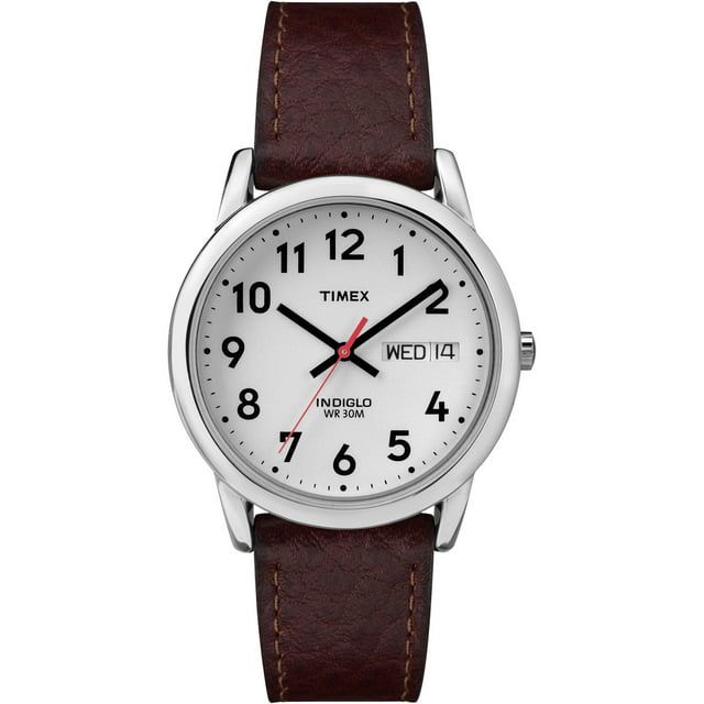 Timex Men's Easy Reader 35mm Day-Date Watch ¨C Silver-Tone Case White Dial with Dark Brown Leather Strap