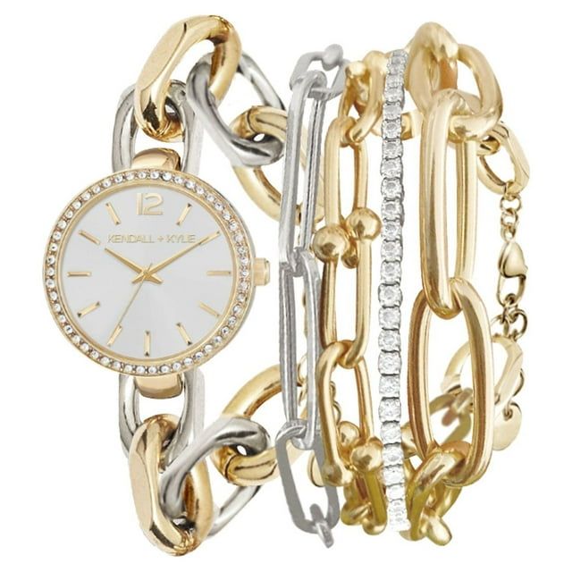 Kendall + Kylie Dainty Silver/Gold Chain Link Metal Analog Watch and Layered Bracelet Set