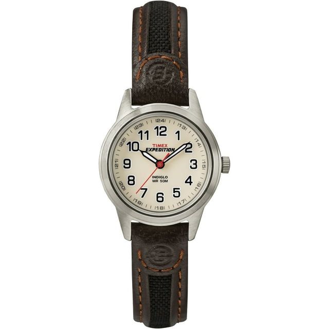 Timex Women's Expedition Metal Field Mini 26mm Watch ¨C Silver-Tone Case Cream Dial with Black & Brown Fabric & Leather Strap