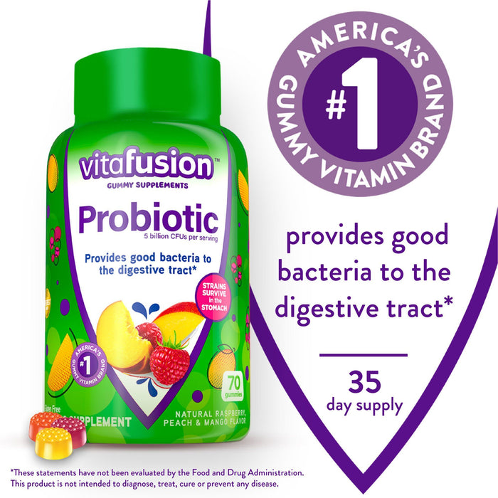 Vitafusion Probiotic Gummy Supplements; Raspberry; Peach and Mango Flavored; 70 Count