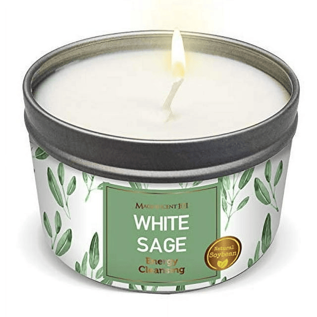 MAGNIFICENT101New Style Pure White Sage Smudge Candle for House Energy Cleansing, Banishes Negative Energy I Purification and Chakra Healing - Natural Soy Wax Tin Candle (Pure White Sage, 6 oz)