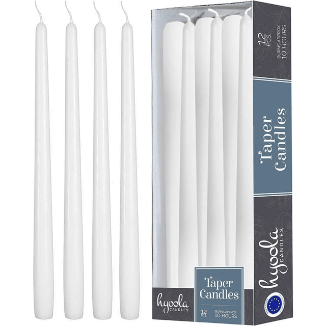 Hyoola Unscented White Taper Candles, Dripless Paraffin Dinner Candles, 12 Inch, 12 Pack