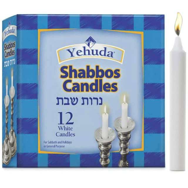 Yehuda Shabbat Candles 12 Candles, fits all standard candlesticks, Elegant White Wax Shabbos Candles